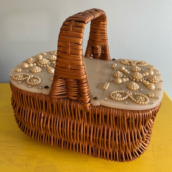 Handbags - Vintage Lucite and Wicker Picnic Basket Handbag